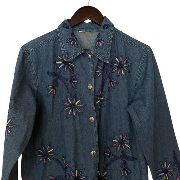 Vintage 1980s Denim Jean Long Sleeve Embroidered Collared Full Button Jacket L - Picture 3 of 8